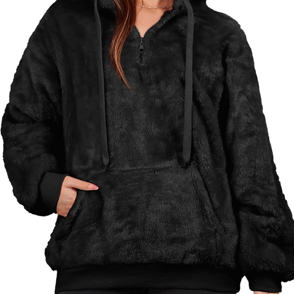 Sherpa Plush Black Fleece Hoodie 1/4 Zip Womens Large Cozy Pullover NWOT - Picture 8 of 8